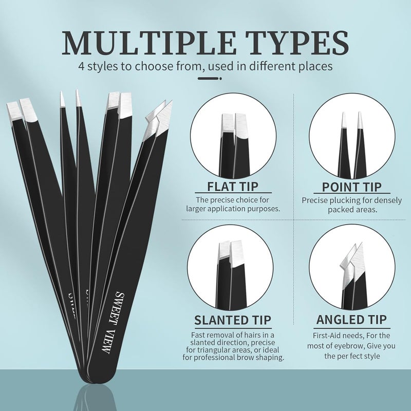 SWEET VIEW 7pcs Eyebrow Tweezers Kit for Women Precision Plucker with Brow Scissors & Razor & Spoolie for Facial, Chin, Brow, Splinter and Ingrown Hair - Image 3